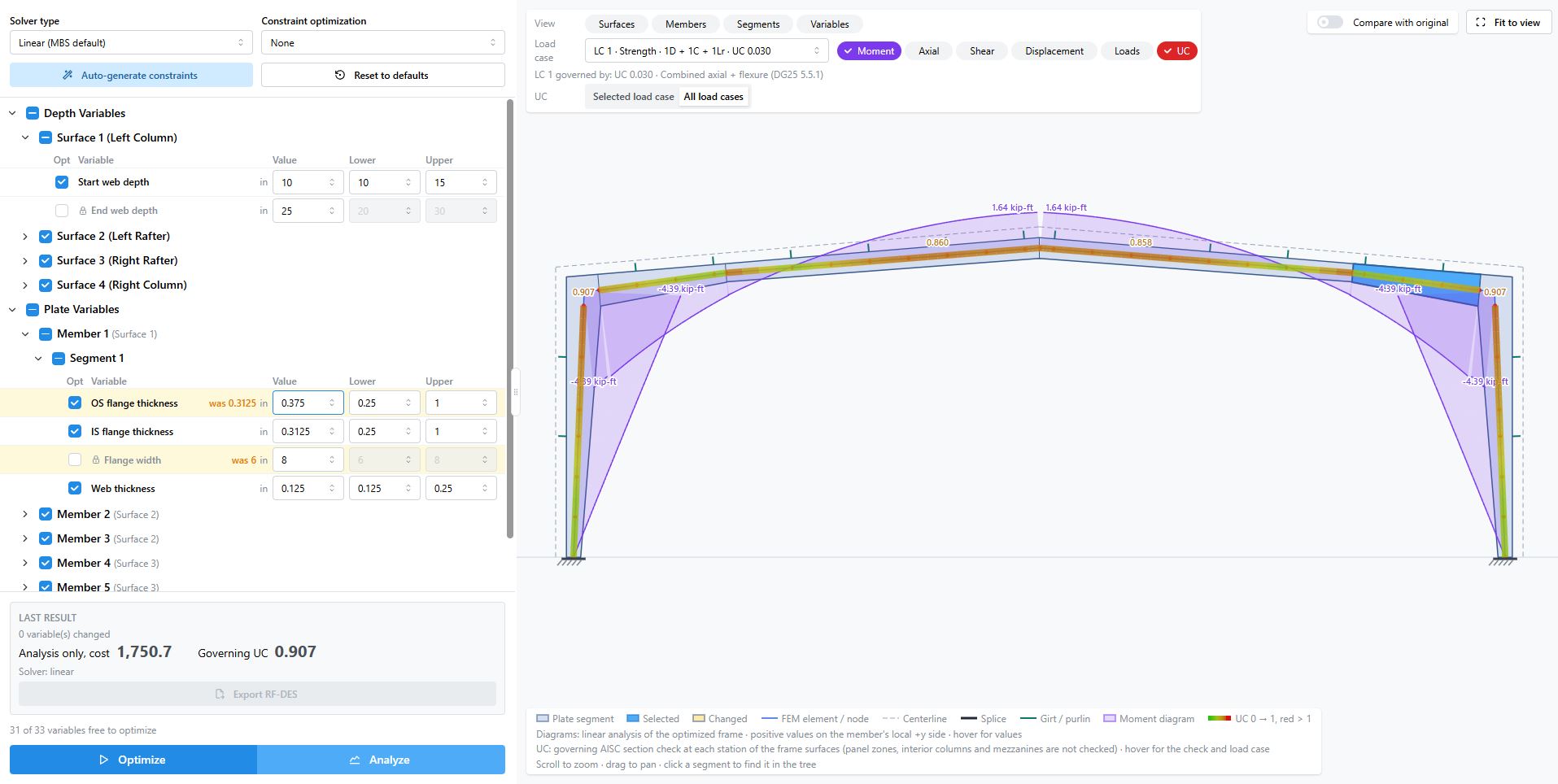 StructOpt interface showing design variables beside a portal frame study